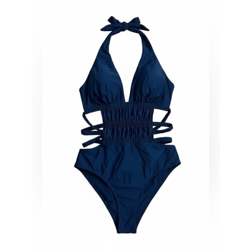 Halter Neck Ruched Cutout Strappy Open Back One-Piece Swimsuit Navy Blue Size XL